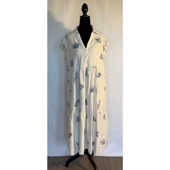 June & Delancey Cream Blue Seashell Tiered V- Neck Women’s DressBeach Costal Xl - Picture 2 of 13